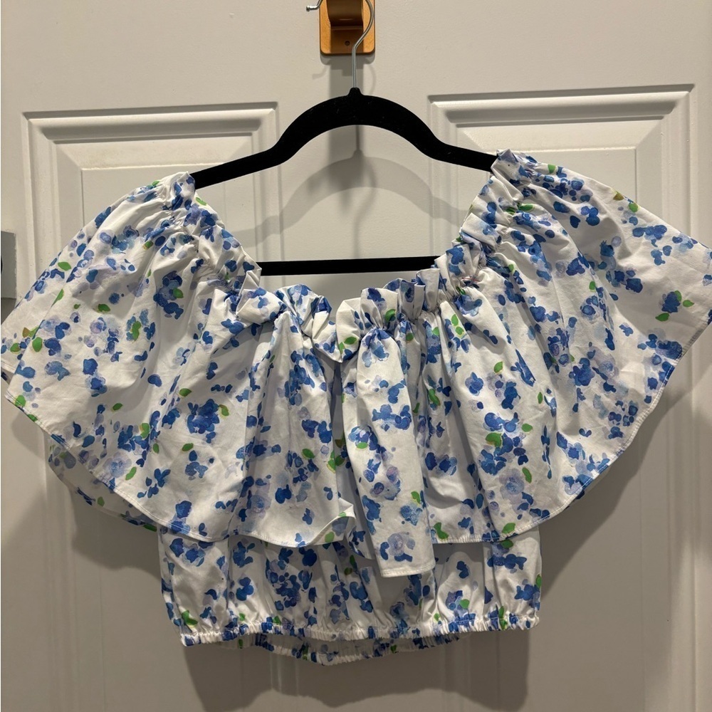 Caroline Constas Ruffle Off The Shoulder Floral Crop Top,